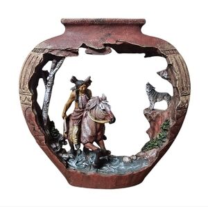 Resin Native American Indian Warrior On Horse Howling wolf sculpture Pottery 9"